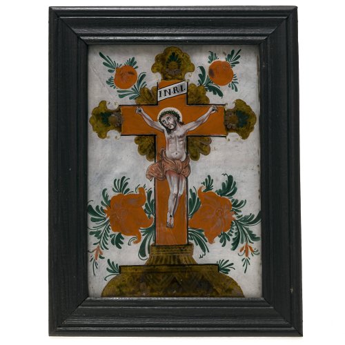 Hinterglasbild. Christus am Kreuz. Wohl Sandl/Buchers. 24,5 x 16,5 cm.