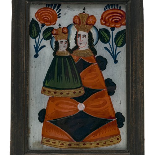 Hinterglasbild. Gnadenbild der Maria mit Kind im Kegelmantel. Sandl/Buchers. Min. Farbablösung, rest., Rückwand erg. 25 x 16,5 cm.