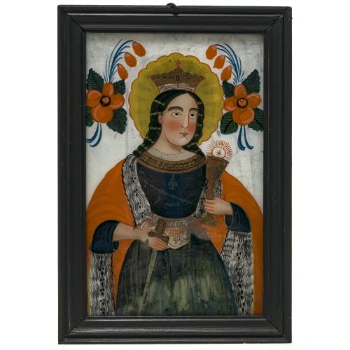 Hinterglasbild. Hl. Katharina. Sandl/Buchers. Farbablösungen, Rahmen erg., rest. 28,5 x 18 cm.