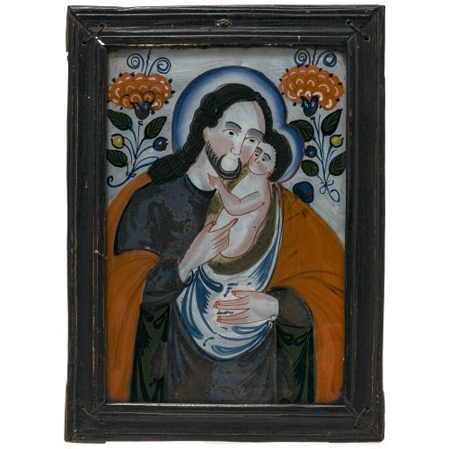 Hinterglasbild. Hl. Josef mit dem Jesuskind. Sandl/Buchers. Farbablösungen. 29 x 19 cm.