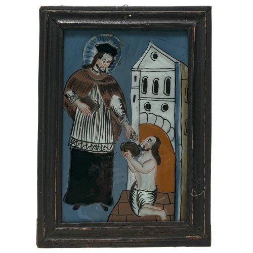 Hinterglasbild. Hl. Martin. Sandl/Buchers. Farbablösungen. 30 x 19,5 cm.