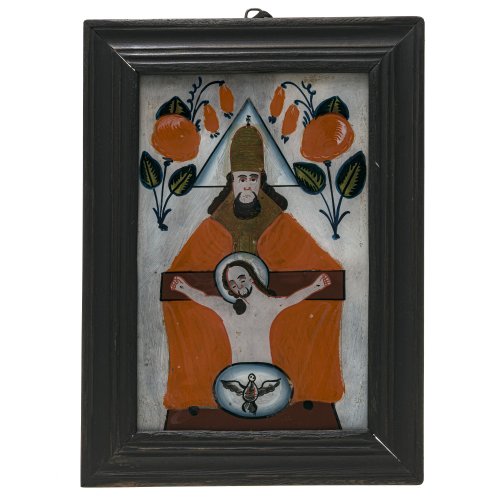 Hinterglasbild. Hl. Dreifaltigkeit. Sandl/Buchers. Min. Farbablösungen, Rahmen erg. 29 x 18,5 cm.