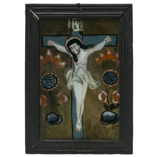 Hinterglasbild. Christus am Kreuz. Wohl Sandl/Buchers. Rahmen besch., Rückwand fehlt.  29,5 x 19,5 cm.