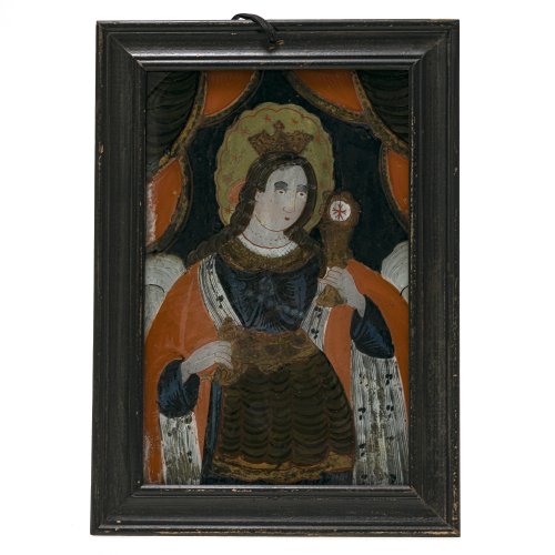 Hinterglasbild. Hl. Katharina. Sandl/Buchers. Farbablösungen, Rahmen erg. 30,5 x 19,5 cm.