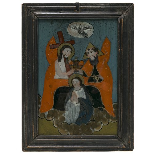 Hinterglasbild. Krönung Mariä. Sandl/Buchers. Farbablösungen, rest. 30,5 x 20,5 cm.