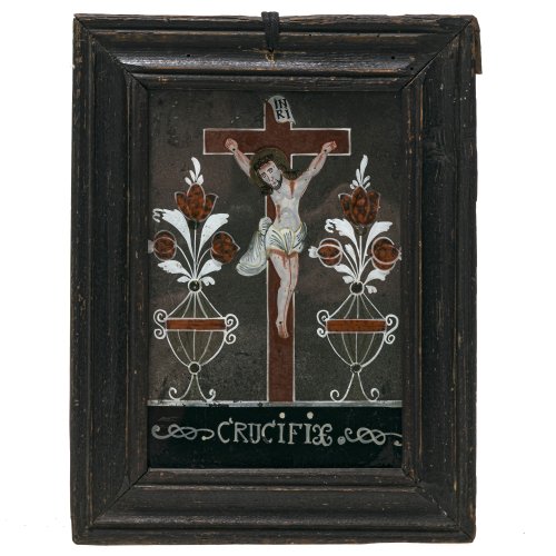 Hinterglasbild. Christus am Kreuz. Buchers. Alterungsspuren. 17,5 x 12 cm.