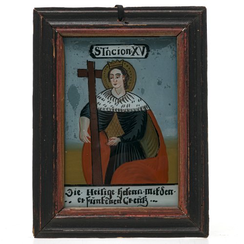 Hinterglasbild. Hl. Helena, 15. Kreuzwegstation. Buchers. Rest. 15,5 x 10,5 cm.