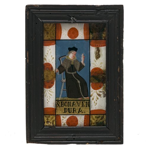 Hinterglasbild. Hl. Bonaventura. Schwarzwald. Leichte Kratzspur. 19 x 9 cm.