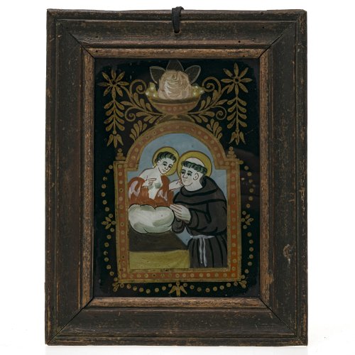 Hinterglasbild. Hl. Antonius mit dem Jesuskind. Sandl/Buchers. Alterungsspuren, min. rest. 18 x 12,5 cm.