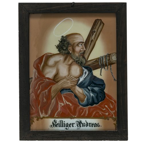 Hinterglasbild. Hl. Andreas. Bayerischer Wald, A. Leuprecht. 34 x 25,5 cm.