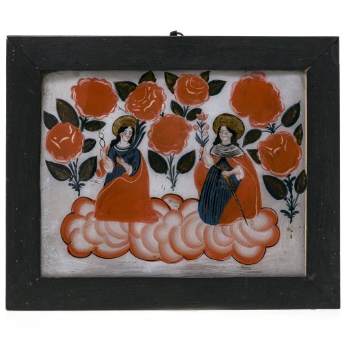 Hinterglasbild. Die Heiligen Apollonia und Katharina. Sandl/Buchers. Kleine Farbablösungen. 26 x 33,5 cm.