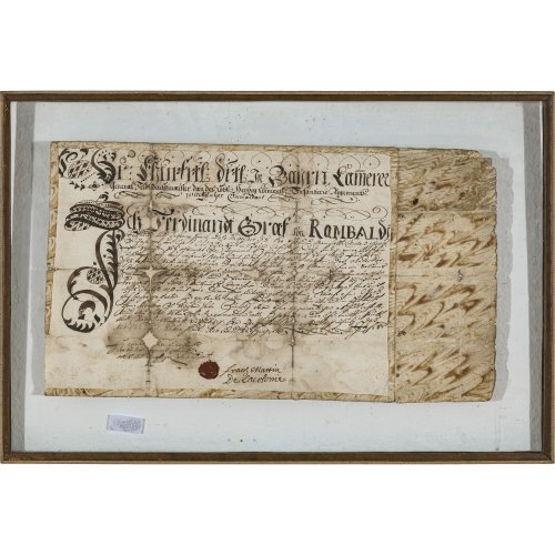 Zwei Urkunden. Jeweils im doppelseitig verglasten Rahmen, eine mit Wachssiegel. Besch. 23,5 x 33,5 cm bzw. 29,5 x 52 c.m
