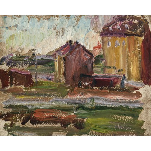 Bock, Ludwig. Zwei Skizzen. Hügelige Sommerlandschaft und Häuseransicht. Öl/Karton. Sommerlandschaft sign. und dat. 1912. Häuseransicht unsign. Beide Werke rücks. mit Nachlassstempel. Je 19 x 24 cm. Atelierspuren.