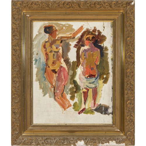 Bock, Ludwig. Zwei stehende weibliche Akte. Öl/Karton. 50 x 40 cm. Unsign. Rücks. Nachlassstempel. Atelierspuren.