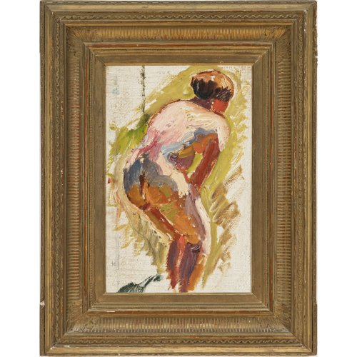 Bock, Ludwig. Frauenrückenakt. Öl/Karton. 46 x 30 cm. Unsign. Rücks. Nachlassstempel. Atelierspuren.