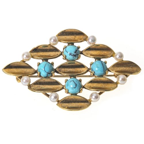 Designerbrosche. Gold, Rautenform mit Türkis- und Perlenbesatz.