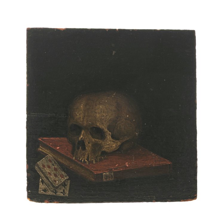 Frühes 18. Jh. Vanitas-Stillleben in Miniatur mit Sinnbildern des diesseitigen Lebens und dem Totenkopf als Symbol der Vergänglichkeit. Tempera/Tafelholz, 11 x 10,7 cm.  Alterungsspuren. Hauptbild zu Objekt, Frühes 18. Jh. Vanitas-Stillleben in Miniatur mit Sinnbildern des diesseitigen Lebens und dem Totenkopf als Symbol der Vergänglichkeit. Tempera/Tafelholz, 11 x 10,7 cm.  Alterungsspuren.,