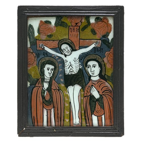 Hinterglasbild. Gekreuzigter Christus. Rumänien. 26,5 x 20,5 cm.