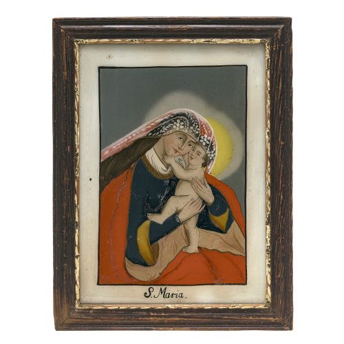 Hinterglasbild. Maria hilf. Seehausen. Farbablösungen. 28,5 x 20,5 cm.
