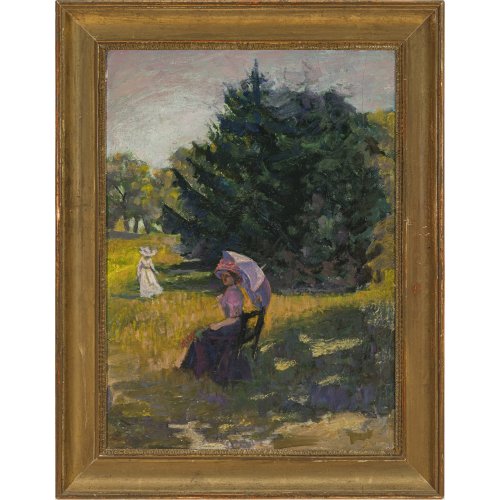 Deutsch, Ende 19. Jh. Frau mit Schirm im Grünen. Öl/Hartfaser. 48 x 34 cm. Monogr. SZ.