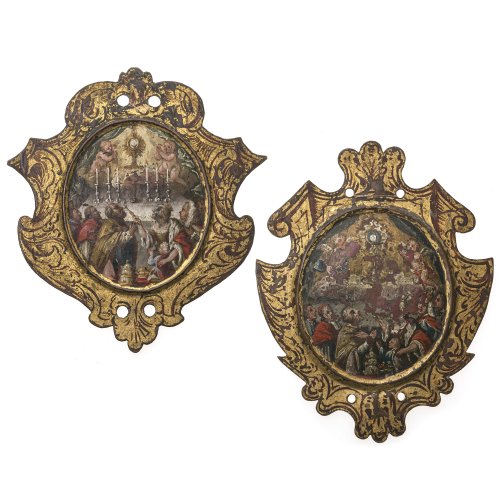 Zwei Blakerkartuschen. Kupfer, Ölmalerei. Berieben, Montierung fehlt. H. 18-19 cm.