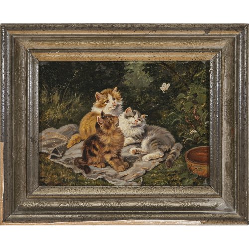 Kögl, Benno. Drei Katzen. Öl/Holz. 18 x 24 cm. Sign.