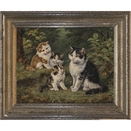 Kögl, Benno. Vier Katzen. Öl/Lw. 25 x 32 cm. Sign.