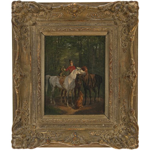 Monogrammist, Deutschland, 19. Jh. Jeweils höfischer Reiter mit Pferden im Wald. Öl/Lw. Je 18,5 x 15,5 cm.