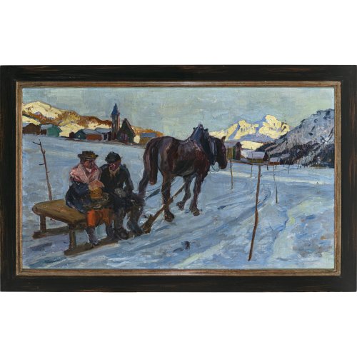 Chiemgau, 20. Jh. Weite Winterlandschaft mit Pferdeschlitten im Vordergrund. Öl/Lw. 55,5 x 92,5 cm. Unsign.