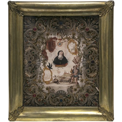 Klosterarbeit Waldsassen, Frater Adalbert Eder. Aquarell mit Abt Benedikt von Nursia. 46 x 40,5 cm.