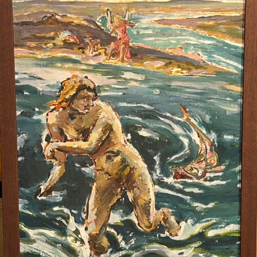 Hötzendorff, Theodor von. Nacktes Mädchen flieht vor einem großen Fisch. Öl/Malkarton. 48 x 34,5 cm. Rücks. Nachlassstempel.