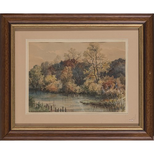 Scheibenzuber, Rudolf. Herbstliche Idylle an den Isarauen. Aquarell/getöntes Papier. Ca. 17 x 23 cm. Sign. In Passepartout und hinter Glas.