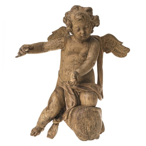 Putto, auf Wolke kniend. Holz, ohne Fassung. Italien. Rest., erg. H. 54 cm.