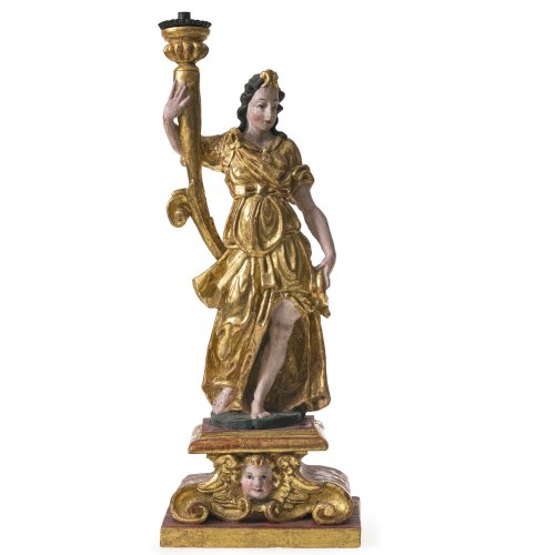 Leuchterengel. Holz, übergangene Farb- und Goldfassung. Rest. H. 69 cm.