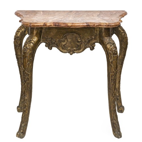 Konsole. Fußgestell mit geschnitztem, goldfarben gefasstem Dekor, marmorierte Platte erg.