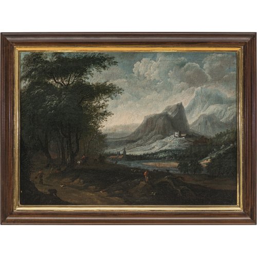 Niederlande, 17. Jh. Landschaft mit Reitern und Burgruine. Öl/Lw. 44 x 62 cm. Leicht besch., rest., doubl. Unsign.