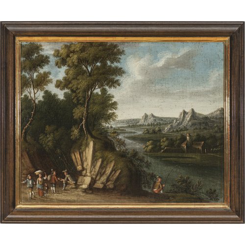 Niederlande, 17. Jh. Landschaft mit Angler, im Vordergrund Personenstaffage. Öl/Lw./Holz. 44 x 56 cm. Rest., auf Holz aufgezogen. Unsign.