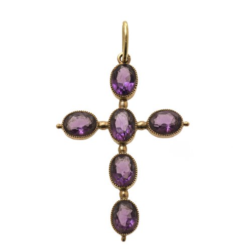 Anhänger in Kreuzform. Amethystfarbener Glassteinbesatz, Goldmontierung. Leicht best.