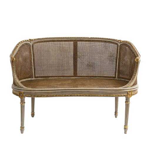 Pagenbank. Wiener Geflecht, taubenblau/grau gefasst.