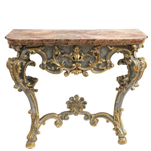 Konsole. Deutsch. Taubenblau/grau gefasst, marmorierte Holzplatte. Best.