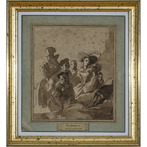 Fragonard, Jean-Honoré, Umkreis. Troubadoure. Lavierte Federzeichnung. 15,5 x 18,5 cm. Stockfleckig. Unsign.