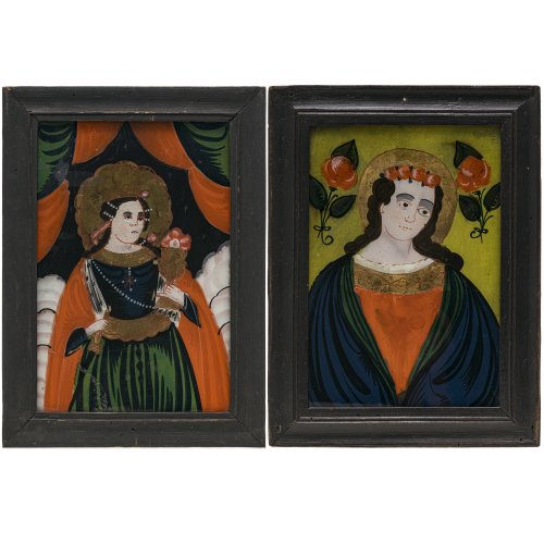 Zwei Hinterglasbilder. Sandl/Buchers. Hl. Rosalia und hl. Barbara. Ein Glas leicht besch. Je ca. 25 x 17 cm.