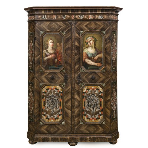 Bauernschrank. Perthaler, zugeschrieben. Holz, bemalt, Heiligenbildnisse.  Alterungsspuren, leicht besch. 174 x 120 x 53 cm.