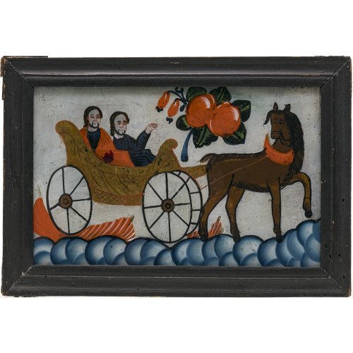 Hinterglasbild. Christus und Gottvater im Himmelswagen. Sandl/Buchers. Rest. 17,5 x 28,5 cm.