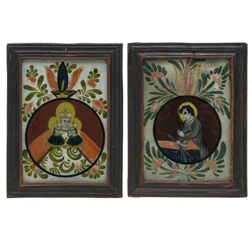 Zwei Hinterglasbilder. Raimundsreut. Gnadenbild von Kreuzberg. Tempera/Glas. Alterungsspuren. Je ca. 23 x 16 cm.