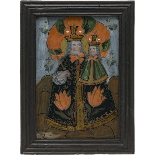 Hinterglasbild. Sandl/Buchers. Gnadenbild Maria Brünnlein. Tempera/Glas. 31 x 21 cm. Glas mit kleinem Sprung.