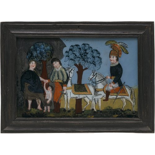 Hinterglasbild. Szene aus dem Leben der hl. Genoveva. Buchers. Tempera/Glas. 20 x 30 cm. Glas besch., rest.