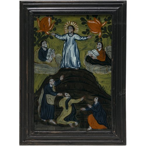 Hinterglasbild. Sandl/Buchers. Verklärung am Berg Tabor. Tempera/Glas. Rest. 30 x 20 cm.
