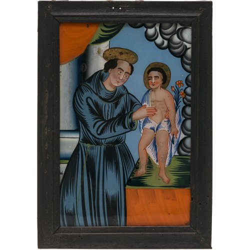 Zwei Hinterglasbilder. Sandl/Buchers. Beweinung Christi bzw. hl. Antonius mit dem Jesuskind. Tempera/Glas. 31 x 20,5 cm bzw. 29 x 18,5 cm. Eines leicht besch., rest.