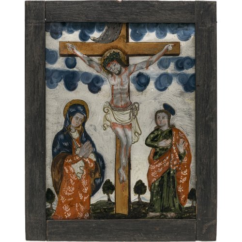 Hinterglasbild. Kreuzigungsgruppe. Süddeutschland oder Österreich. Tempera/Glas. 36 x 28,5 cm. Kratzspuren, rest.